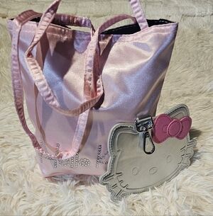 Hello Kitty Pink Satin Tote Shoulder Bag And Hello Kitty ID Holder Womens Kids